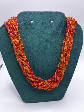 Handcrafted Multistrand Glass Red, Orange, Green-Yellow Beaded Necklace VINTAGE